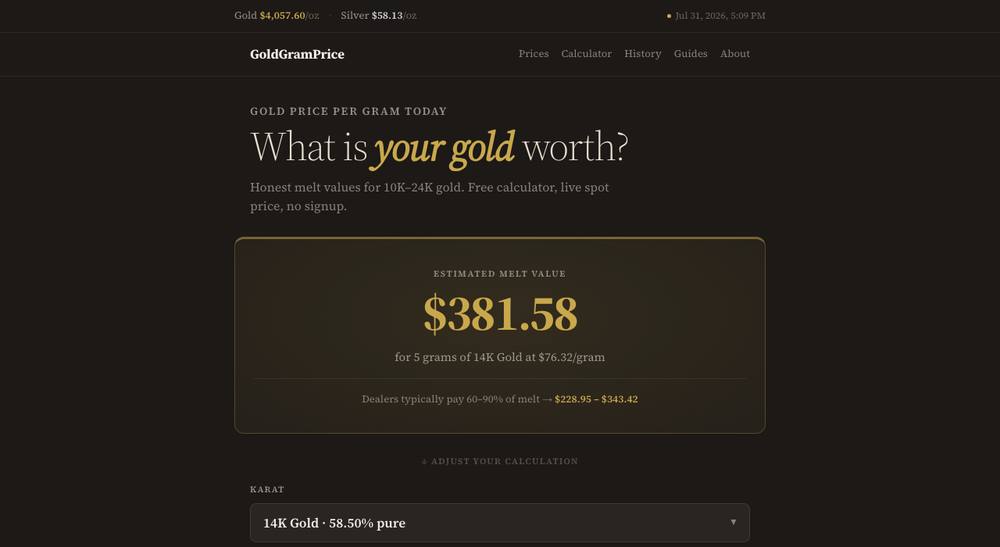 GoldGramPrice homepage: a gold melt value calculator