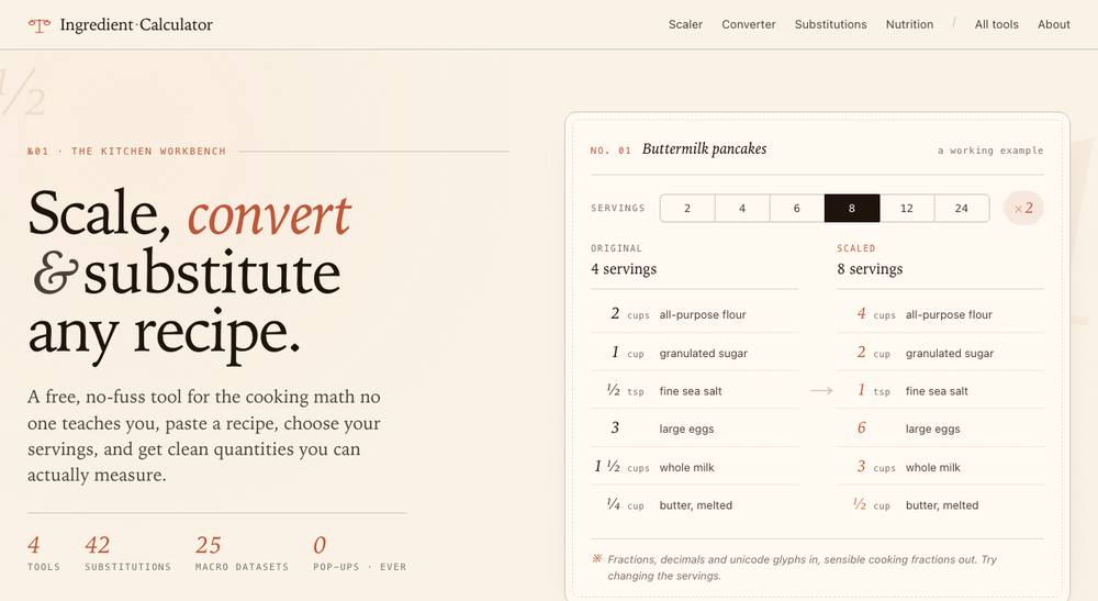 Ingredient Calculator homepage: a recipe scaler and unit converter